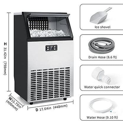 CROWNFUL Commercial Ice Maker 100Lbs/24H, Stainless Steel Ice Machine with 33Lbs Ice Storage Capacity, Free-Standing Under Counter Ice Maker, Ideal for Home, Office, Restaurant, Bar, Coffee Shop - CookCave