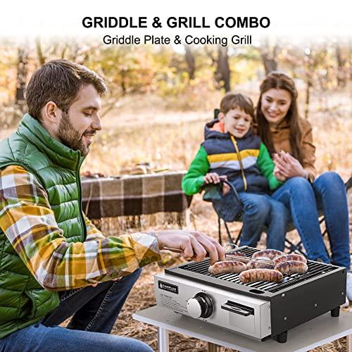 Camplux Propane Gas Griddle Grill, 15,000 BTU Griddle Grill Combo, Portable Camping Griddle Station 17 Inches with 20 lb and RV Regulator for Camping, RV Picnic and Tailgating - CookCave