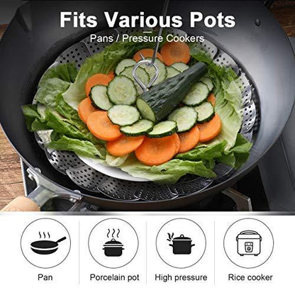 Stainless Steel Steamer Basket, Vegetable Steamer Basket for Instant Pot, Insert for Veggie/Seafood Cooking/Boiled Eggs with Safety Tool - Adjustable Sizes to fit Various Pots (5.1" to 9.5") - CookCave