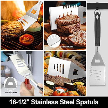 HAUSHOF Large Grilling Accessories, BBQ Grill Set, Heavy Duty Stainless Steel Barbecue Utensils with 16-1/2" Spatula, Brush, Fork, Tongs, Skewers, Thermometer, Bag, Ideal Gift, 15PCS - CookCave