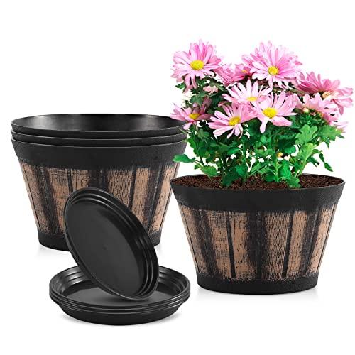 Quarut Plant Pots Set of 4 Pack 8 inch.Whiskey Barrel Planters with Drainage Holes & Saucer.Plastic Decor Flower Pots Imitation Wine Barrel Design,for Indoor & Outdoor Garden Home Plants (Brown) - CookCave
