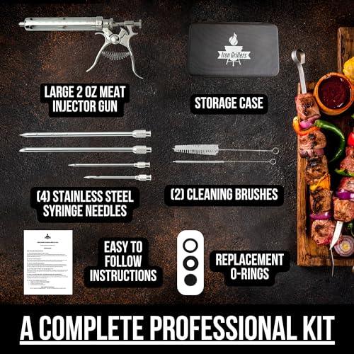 Iron Grillers PRO Competition Marinade Meat Injector Gun Flavor Kit for Smoking Brisket, Turkey, Chicken, Ribs, Pork & BBQ - Large 2 Oz Strong Glass Capacity + Metal Protective Case - Built to Last - CookCave