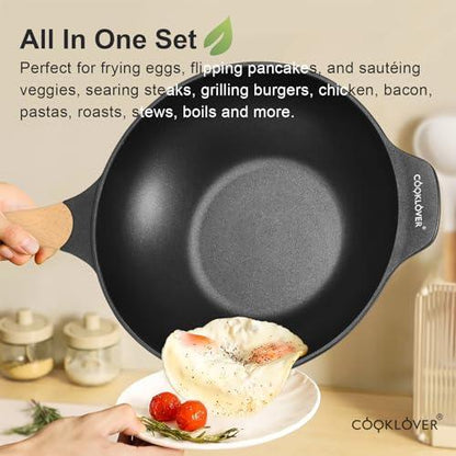 COOKLOVER Nonstick Woks And Stir Fry Pans Die-cast Aluminum Scratch Resistant 100% PFOA Free Induction Wok pan with Lid 12.6 Inch - BK - CookCave