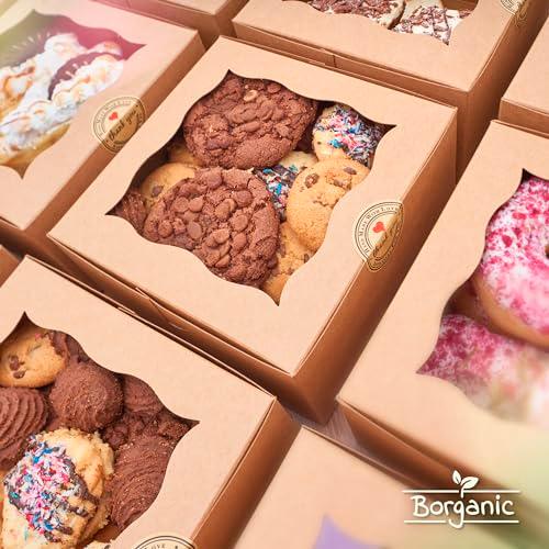 BORGANIC Cookie Boxes For Packaging - The Strongest 6x6x3 Cookie Boxes With Window [50 Pack] - Oil Resistant Cookie Boxes - Premium Bakery Boxes With Window - Cookie Boxes For Gift Giving - CookCave