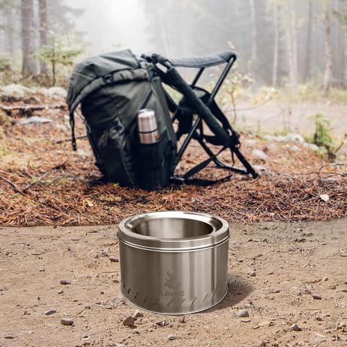 OutVue 15.3" Stainless Steel Smokeless Fire Pit with Grill & Bag, Outdoor Portable Wood Burning Fire Pits for Bonfire, Camping,Patio. Low Smoke Firepit for Outside with Cover - CookCave