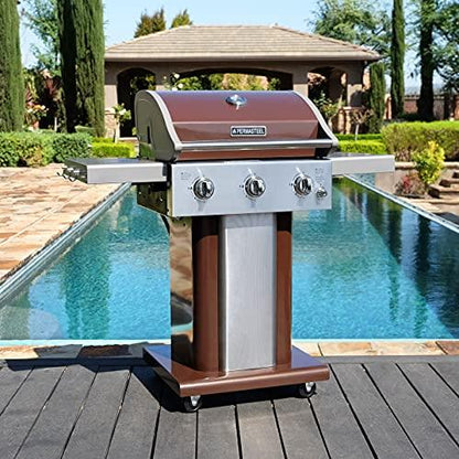 Permasteel 3-Burner Gas Grill | Cast Iron Cooking Grates, Grilling Tools Holder, Foldable Sides, PG-A40301-MO, Pedestal Style, 30000 Total BTUs - Mocha - CookCave