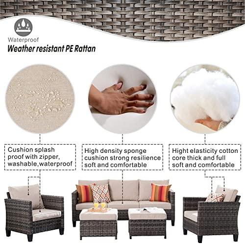 ovios Outdoor Furniture 5 Pieces Patio Furniture Set Sectional Conversation Set All Weather Wicker Rattan Sofa Couch for Yard Deck Porch, Grey Wicker, Beige Cushion - CookCave