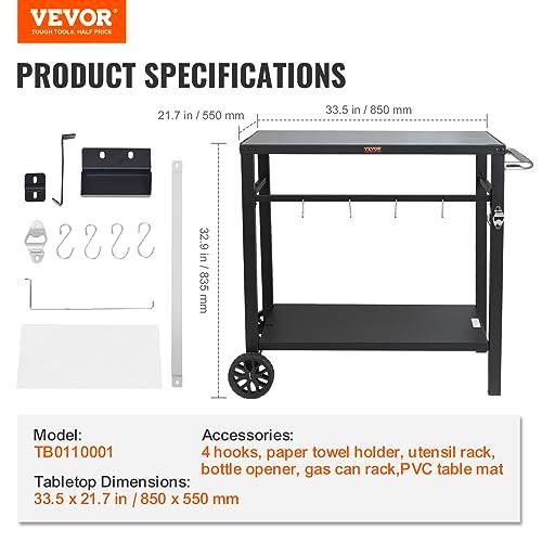 VEVOR Outdoor Grill Dining Cart with Double-Shelf, BBQ Movable Food Prep Table, Multifunctional Iron Table Top, Portable Modular Carts for Pizza Oven, Worktable with 2 Wheels, Carry Handle, Black - CookCave