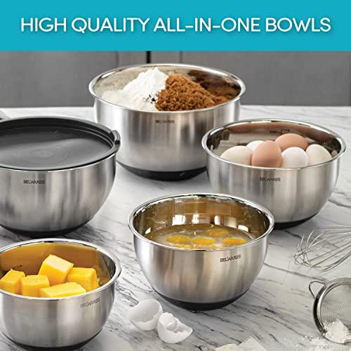 Belwares Mixing Bowls with Lids Set - Nesting Bowls with Airtight Lids + Graters - Stainless Steel Non-Slip Mixing Bowl for Baking, Food Storage and Prepping (Black, 5-Piece Set) - CookCave