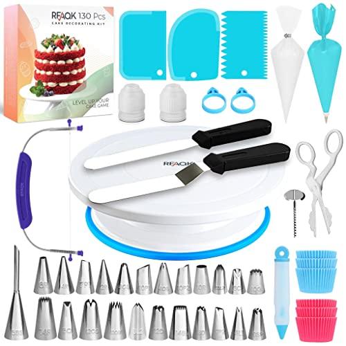 130Pcs Cake Decorating Supplies Kit - Non Slip Cake Turntable with 24 Numbered Icing Tips -Straight & Angled Spatula-3 Cake Scrapers- 40 Cupcake Liners, Ebook & Baking Tools - CookCave