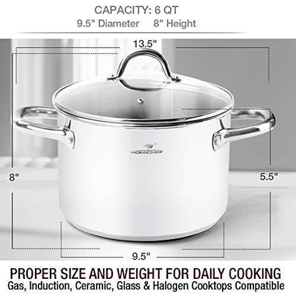 HOMICHEF Stock Pot 6 Quart Nickel Free Stainless Steel - 6 Quart Pot With Lid and Handle - 6Qt Saucepan With Lid - Soup Pot Small Cooking Pot 6 Quart - 6 Qt Pot With Glass Lid - Induction Pot With Lid - CookCave