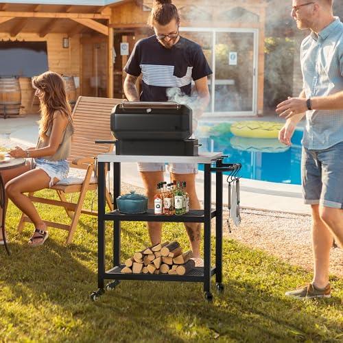 YITAHOME Outdoor Grill Cart Table Patio Food Prep and Work Cart Table Three-Shelf Stainless Steel Flattop Outdoor Cooking Prep Table with Wheels - CookCave