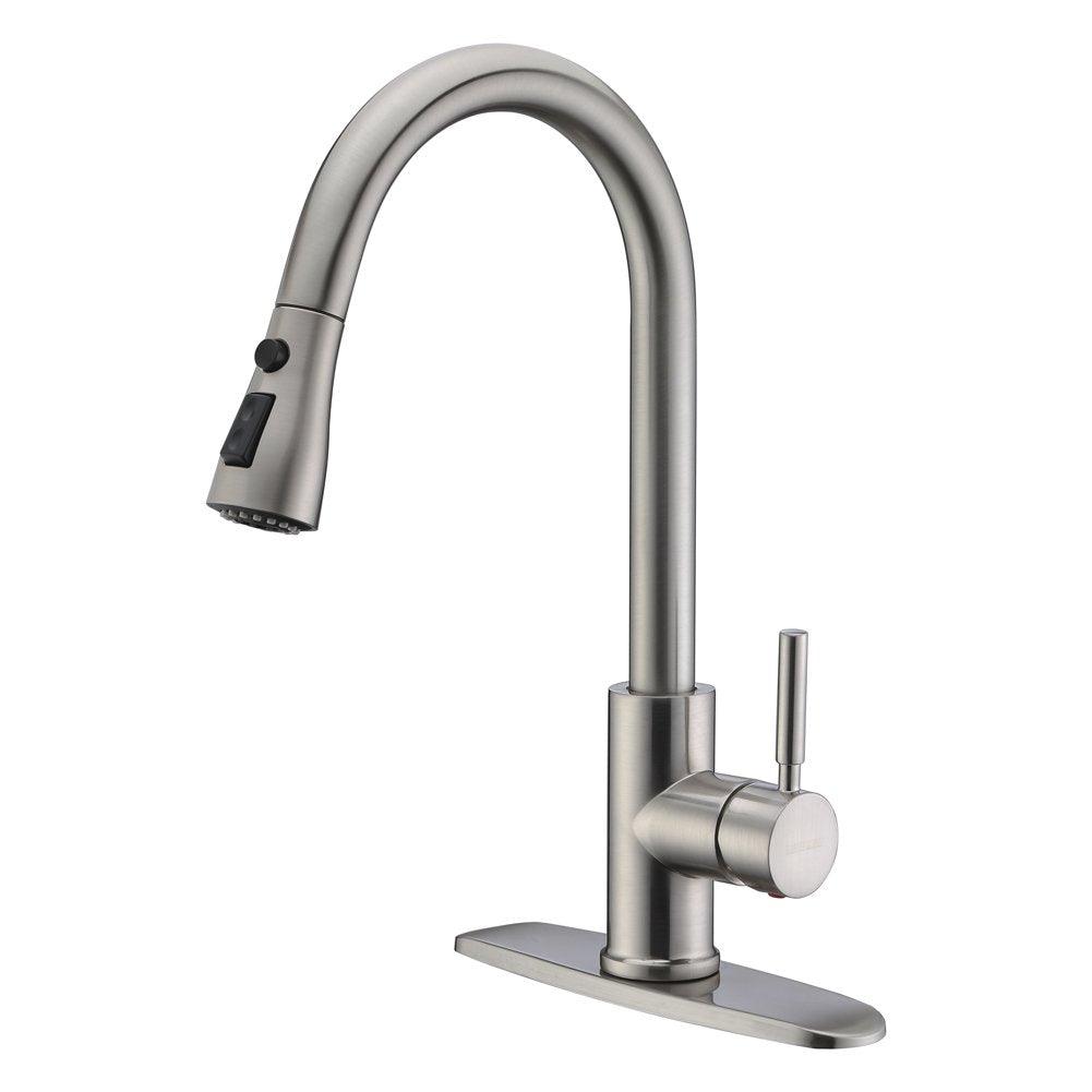 WEWE Single Handle High Arc Brushed Nickel Pull Out Kitchen Faucet,Single Level Stainless Steel Kitchen Sink Faucets with Pull Down Sprayer - CookCave