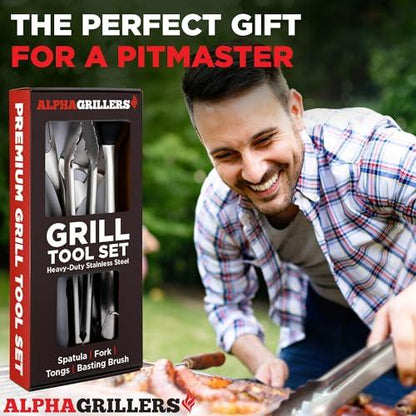 Alpha Grillers Grill Set Heavy Duty BBQ Accessories - BBQ Gifts Tool Set 4pc Grill Accessories with Spatula, Fork, Brush & BBQ Tongs - Grilling Cooking Gifts for Men Dad Durable, Stainless Steel - CookCave