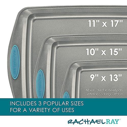 Rachael Ray Bakeware Nonstick Cookie Pan Set, 3-Piece, Gray with Agave Blue Grips - CookCave