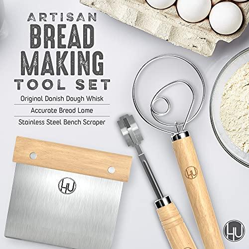 Bread Making Tools and Supplies - Set of 3 - Danish Dough Whisk, Bread Lame, Bench Scraper - Dough Hook with Bread Scraper, Lame Bread Tool, Blades - Great for Baking Sourdough, Pizza, Pastry by LHU - CookCave