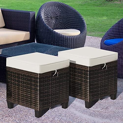 Tangkula 2 Pieces Outdoor Patio Ottoman, All Weather Rattan Wicker Ottoman Seat, Patio Rattan Furniture, Outdoor Footstool Footrest Seat w/Removable Cushions (Brown) - CookCave