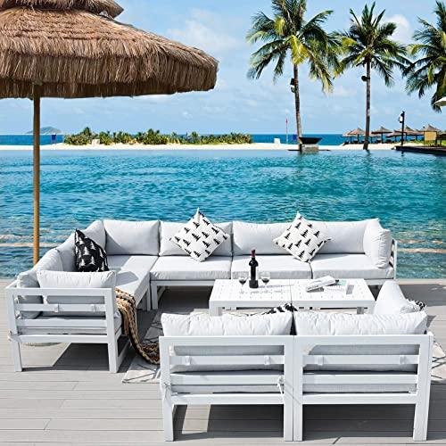 RADIATA 10 Piece All-Aluminum Patio Furniture Sectional Set with Side Table Outdoor Conversation Set Luxury Sofa Set (White) - CookCave