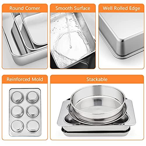 Toaster Oven Bakeware Set, E-far 8-Piece Stainless Steel Small Baking Pan Set, Include 6-Inch Cake Pan/Rectangle Baking Pan/Cookie Sheet with Rack/Muffin/Loaf/Pizza Pan, Non-Toxic & Dishwasher Safe - CookCave