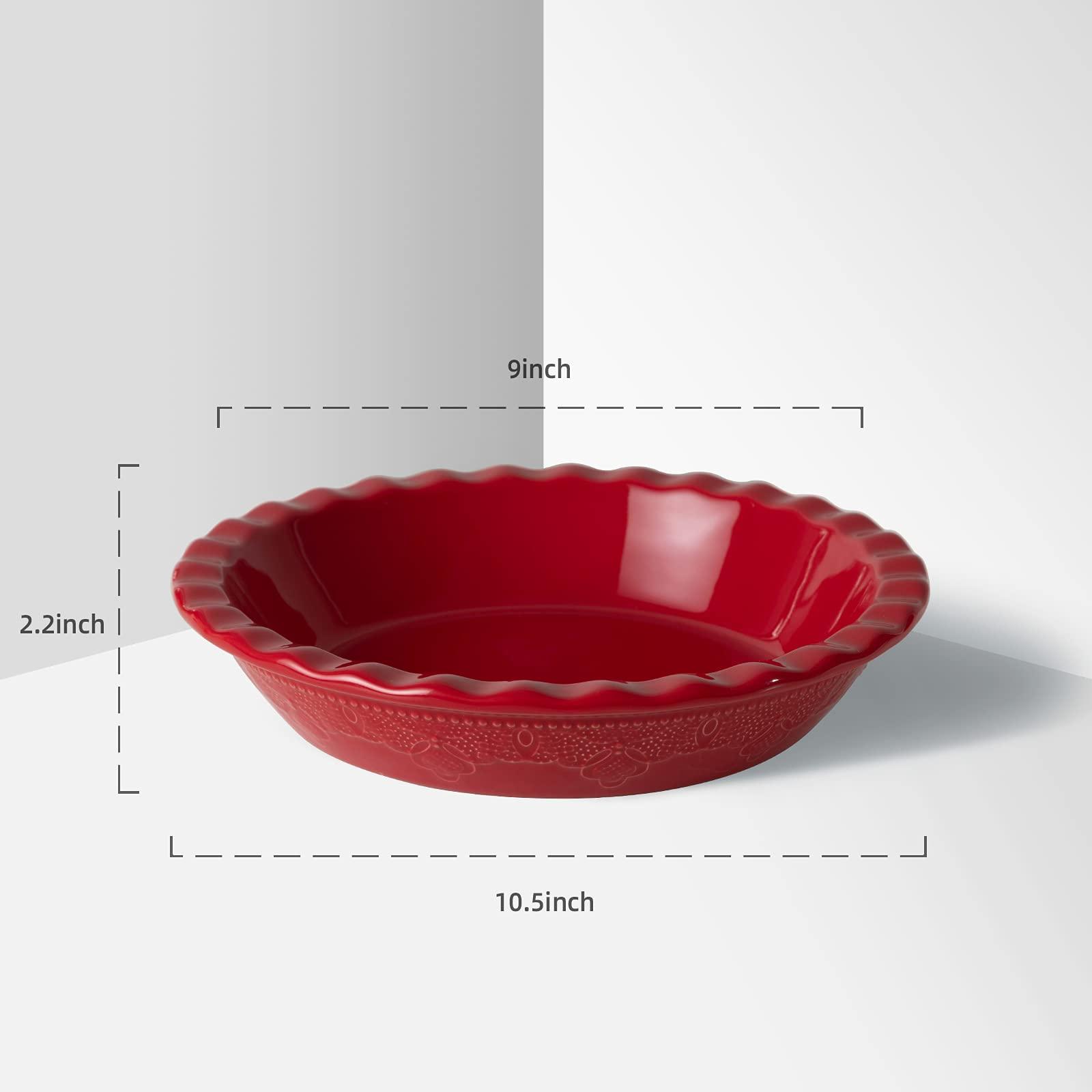 Fun Elements Pie Pan, 9 Inch Ceramic Pie Dish, Deep Dish Pie Pan with Lace Emboss, Ruffled Pie Plate for Baking(Christmas Red) - CookCave