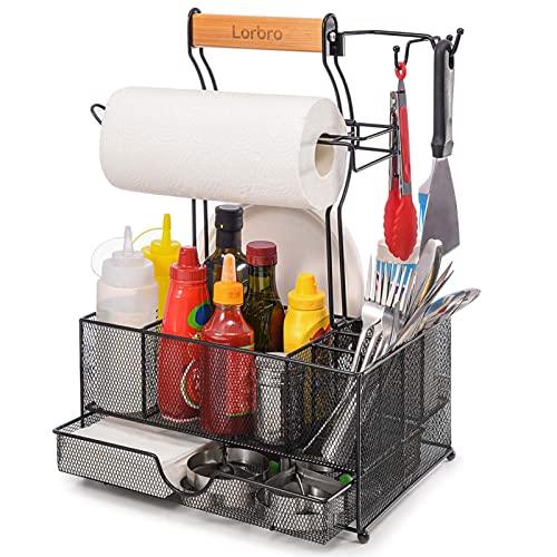 Lorbro Large Grill Utensil Caddy with Drawer, Picnic Camping Caddy with Paper Towel Holder, BBQ Organizer for Grilling Tool, Ideal Organizer for Picnic Condiment and Outdoor Griddle Accessories - CookCave