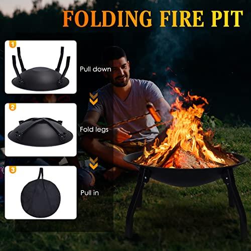 Cogesu Fire Pit, 22in Foldable Wood Burning Fire Pits for Outside, FirePit with Carry Bag, Spark Screen & Poker, Pack Grill, Folding Legs for Camping, Picnic, Bonfire - CookCave