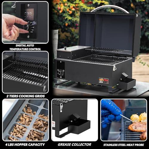 Onlyfire UPGRADED Wood Pellet Grill Smoker with Auto Temperature Control, LED Screen, Meat Probe & 2 Tiers Cooking Area, Portable Outdoor BBQ Grilling Stove for RV Camping Tailgating Cooking, Black - CookCave