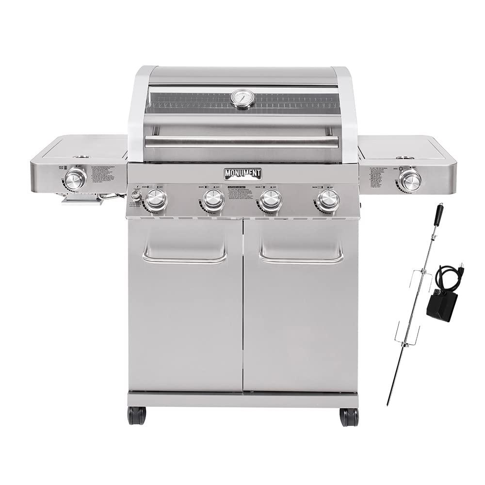 Monument Grills Larger 4-Burner Propane Gas Grills Stainless Steel Cabinet Style with Side & Infrared Side Sear Burners with Stainless Steel Rotisserie Kit(2 Items) - CookCave