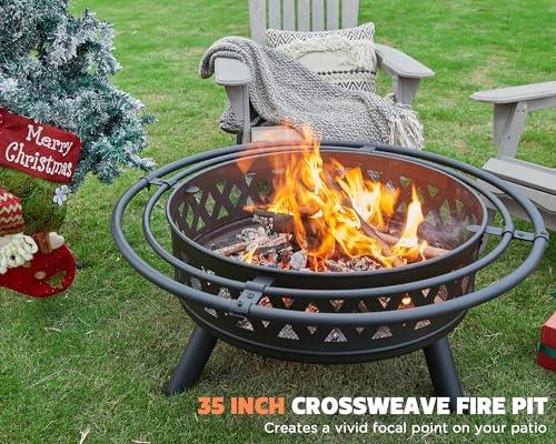 PaPaJet 35 Inch Fire Pit with 2 Loops, Outdoor Wood Burning Fire Pit Crossweave with Spark Screen Fire Poker, Backyard Patio Camping Beach Bonfire Pit, Black - CookCave