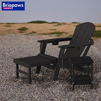 BRIOPAWS Folding Adirondack Chair with Adjustable Backrest & Ottoman, Wood Texture All-Weather HDPE Outdoor Chairs w/Cup Holders & Retractable Footrest for Poolside, Fire Pit, Campfire, Deck, Black - CookCave