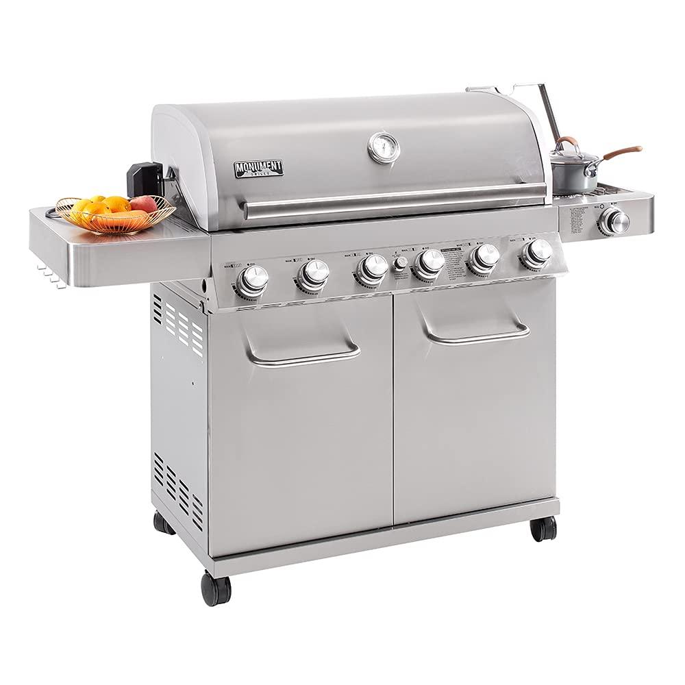 Monument Grills 77352 6-Burner Stainless Steel Cabinet Style Propane Gas Grill with LED Controls, Side Burner, Built in Thermometer, and Rotisserie Kit - CookCave