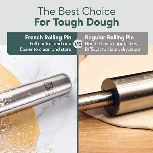 Ultra Cuisine French Rolling Pin for Baking – Use with Pizza, Cookie, and Pastry Dough, Fondant and Pie Crust – Tapered Design Bread Roller Pin, Stainless Steel 15.75-inch Large Roller Pin - CookCave