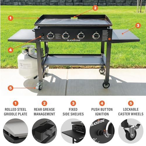 Blackstone 36 Inch Gas Griddle Cooking Station 4 Burner Flat Top Gas Grill Propane Fuelled Restaurant Grade Professional 36” Outdoor Griddle Station with Side Shelf (1554) - CookCave