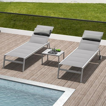 Domi Patio Chaise Lounge Set of 3, Adjustable Full Aluminum Pool Lounge for Outside with Wheels and Side Table, Padded Sunbathing Lounger for Deck Lawn Patio Backyard,Textilene - Gray - CookCave