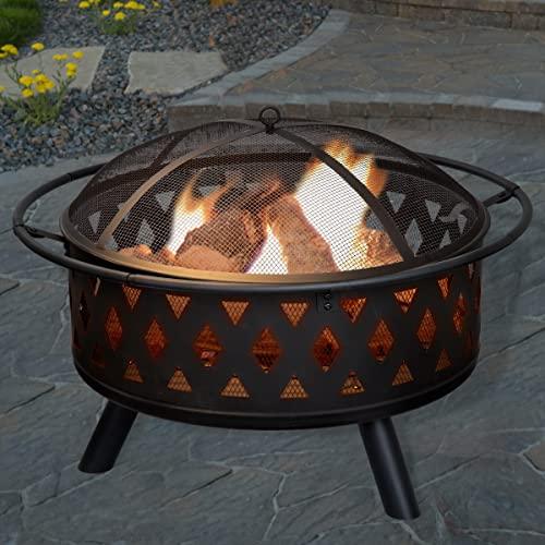 Fire Pit Set, Wood Burning Pit - Includes Screen, Cover and Log Poker - Great for Outdoor and Patio, 32 inch Round Crossweave Firepit by Pure Garden - CookCave