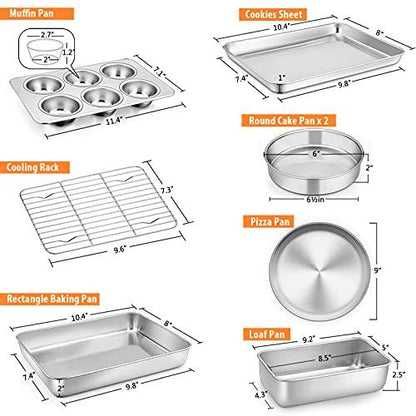 Toaster Oven Bakeware Set, E-far 8-Piece Stainless Steel Small Baking Pan Set, Include 6-Inch Cake Pan/Rectangle Baking Pan/Cookie Sheet with Rack/Muffin/Loaf/Pizza Pan, Non-Toxic & Dishwasher Safe - CookCave