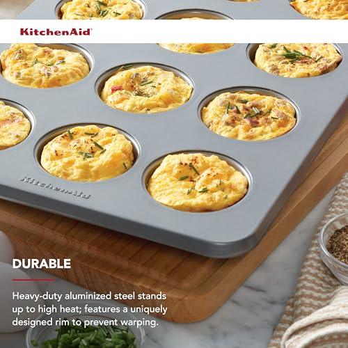 KitchenAid Nonstick 12 Count Muffin Pan with Extended Handles for Easy Girp, Aluminized Steel to Promoted Even Baking, Dishwasher Safe,Contour Silver - CookCave