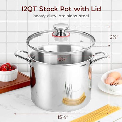 Onader 12QT Large Stainless Steel Stock Pot with Lid Tri-ply Cooking Soup Stockpot - CookCave