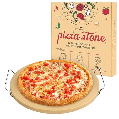 Round Pizza Stone for Grill 16 inch with Handles - Heavy Duty Cordierite Pizza Stone for Oven - Caprihom 0.67" Thickness Thermal Shock Resistant Baking Stone, Includes Metal Rack & Scraper - CookCave