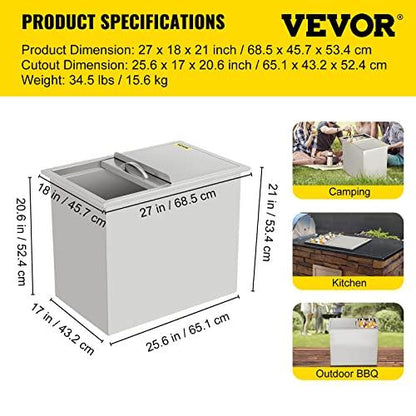VEVOR Drop In Ice Chest 27L x 18W x 21H Inch with Sliding Cover, Stainless Steel Ice Cooler with Drain Tube and Drain Plug, Drop In Ice Bin Outdoor Kitchen for Cold Wine Beverage - CookCave