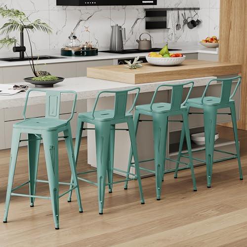 Alunaune 24" Metal Bar Stools Set of 4 Industrial Counter Height Stools Kitchen Bar Chairs Indoor Outdoor Counter Stool-Low Back, Distressed Blue - CookCave