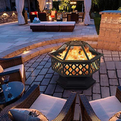 Yaheetech Fire Pit Fire Pits for Outside 24in Hex Shaped Firepit Bowl with Spark Screen & Poker for Patio Backyard Garden Picnic Bonfire Camping - CookCave