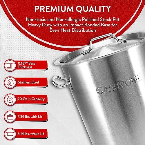 GasOne Stainless Steel Stockpot – 20qt Stock Pot with Lid and Capsule Bottom – Heavy-Duty Cooking Pot for Beer Brewing, Soup, Seafood Boil – Satin Finish Stainless Steel Soup Pot - CookCave