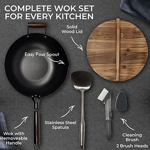 HOME EC Carbon Steel Wok Pan With Lid, Stir Fry Wok Set, Steel Spatula, and Cleaning Brush - Non-Stick Big 12.75in Flat Bottom Chinese woks & stir-fry pans - CookCave