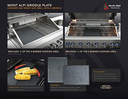 Mont Alpi Built-in 32-Inch 4-Burner 63000 BTU Built-In Stainless Steel Outdoor Kitchen Gas Barbecue Island Grill + 2.7 Cubic Ft Glass Door Compact Refrigerator + Charcoal Tray & Griddle Plate Combo - CookCave