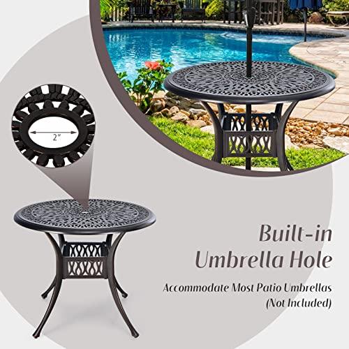 Tangkula 36 Inch Outdoor Dining Table, Round Cast Aluminum Patio Dining Table with Umbrella Hole, Weather-Resistant Patio Bistro Table for Backyard, Garden, Poolside - CookCave