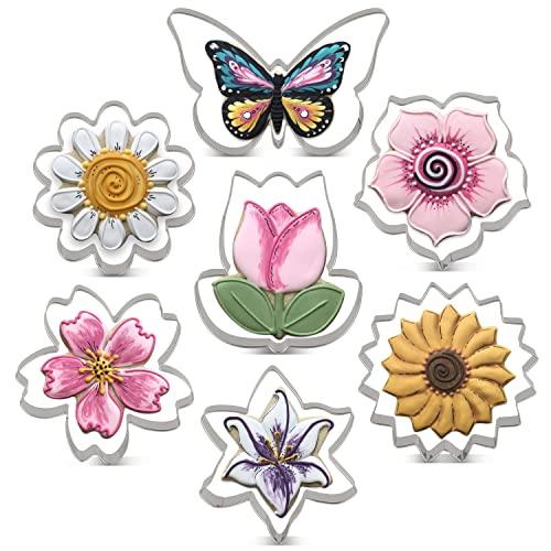 LILIAO Flowers Cookie Cutter Set - 7 Piece - Lily, Daisy, Sunflower, Cherry Blossoms, Tulip, Kapok Flowers and Butterfly Biscuit Fondant Cutters - Stainless Steel - CookCave