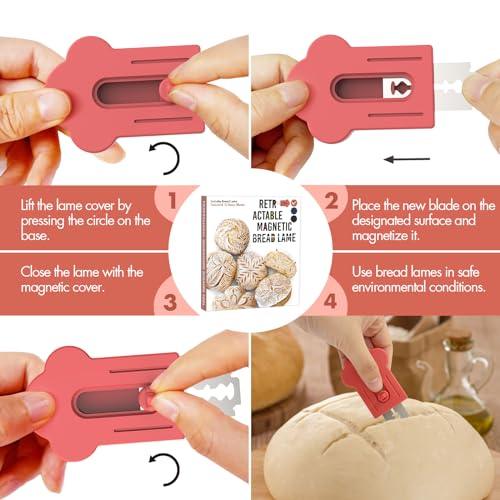 MEKER Bread Lame, Extractable Magnetic Dough Scoring Tool for Sourdough Bread Baking & Making, Includes Scoring Patterns Booklet and 10 Razor Blades, Red - CookCave