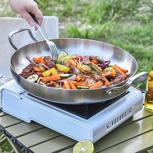 Inqibee 14-Inch Tri-Ply Stainless Steel Paella Pan with Lid,Large Skillet,Griddle,Large Saute Pan with Lid,Jumbo Cooker,Induction Pan,Dishwasher and Oven Safe. - CookCave