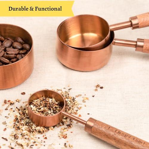 Copper Stainless Steel Measuring Cups and Spoons Set of 8, Wooden Handle with US Measurements, Metric Cups and Spoons for cooking and baking - CookCave